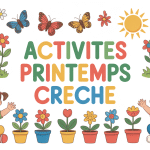 Enfants crèche entourés d'éléments printemps illustration