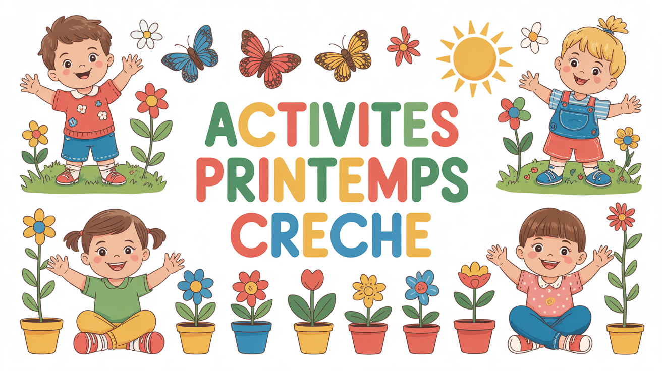 Enfants crèche entourés d'éléments printemps illustration