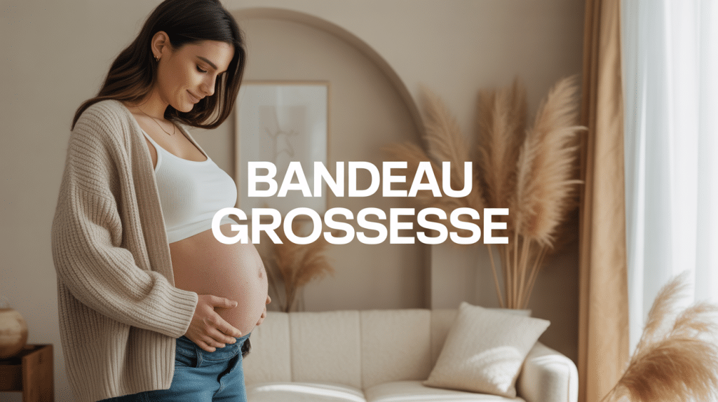 Femme enceinte portant un bandeau grossesse blanc, style moderne