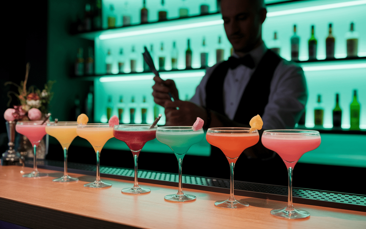 Comptoir de bar avec cocktails julep gommeux et bonbons gélifiés