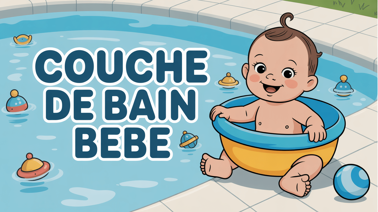 Bébé joyeux en couche de bain bébé au bord d'une piscine
