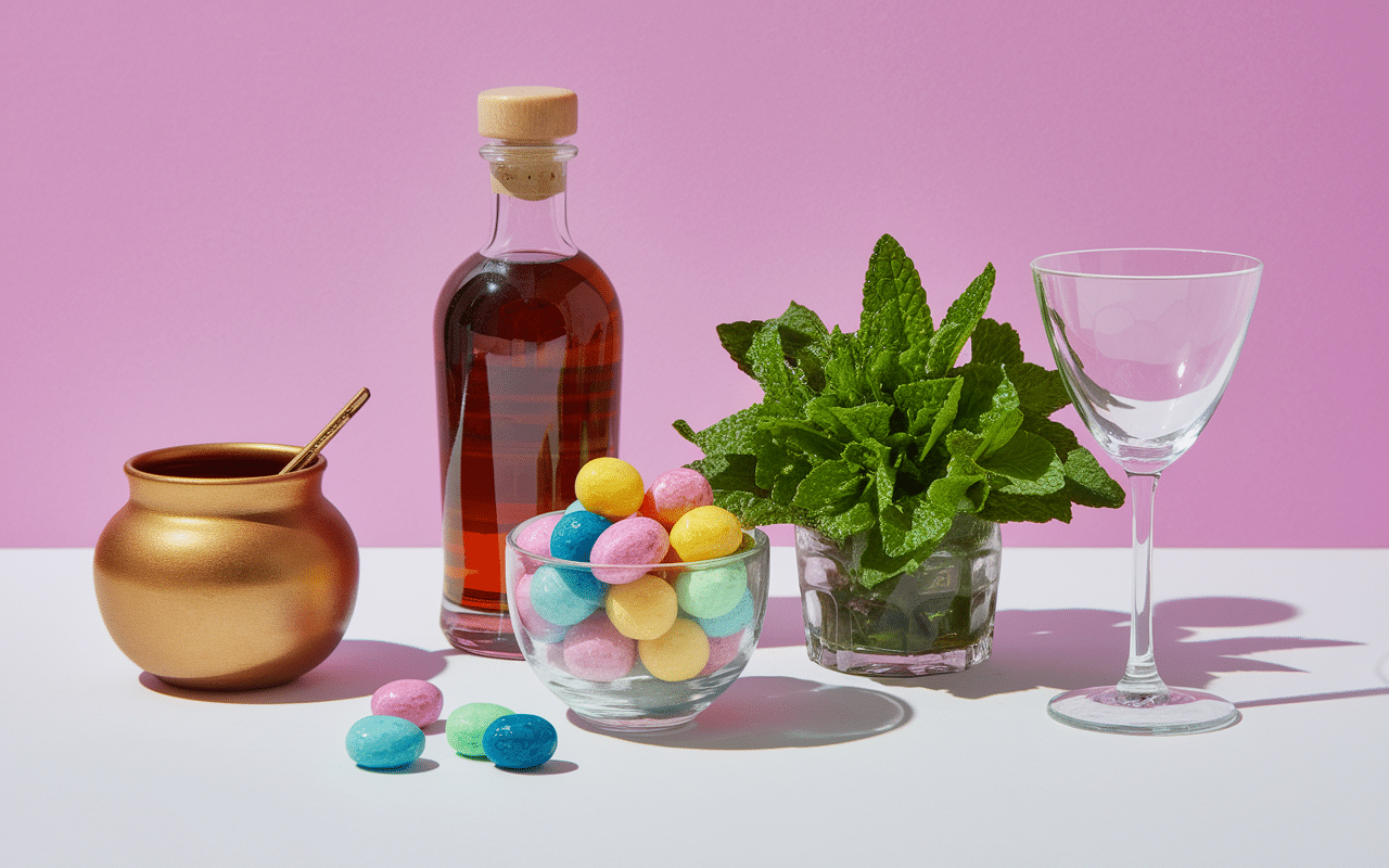 Ingrédients pour julep gommeux avec whisky bonbons et menthe