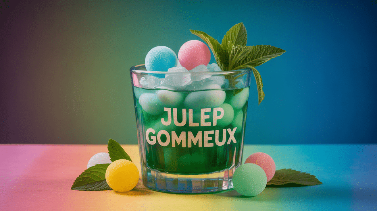 Verre de julep gommeux vert orné de bonbons et menthe