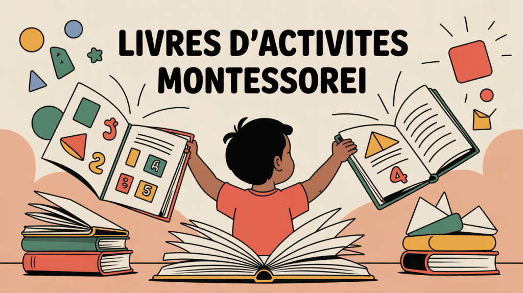 Enfant utilisant livre activité Montessori, ambiance colorée
