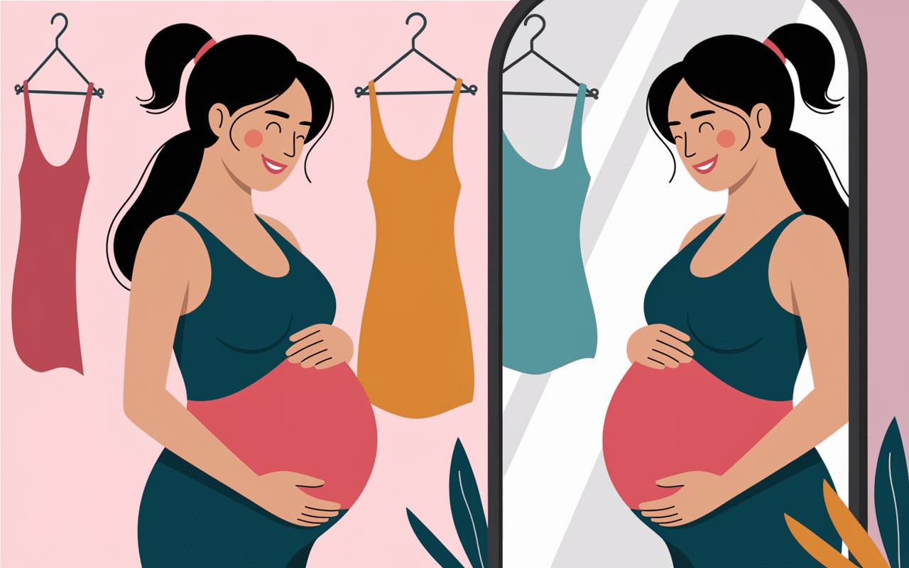 Femme enceinte essayant des bandeaux grossesse colorés