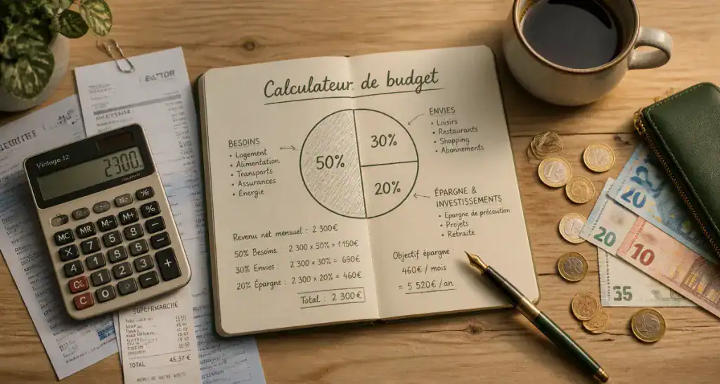 50 30 20 calculateur sur bureau avec carnet et euros