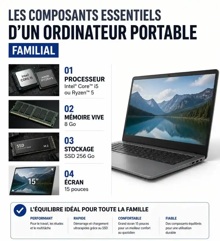 Infographie des composants clés pour choisir un ordinateur portable familial