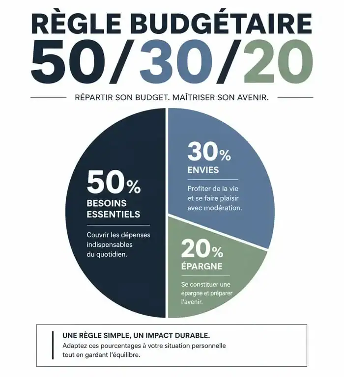 Infographie illustrant la règle budgétaire 50 30 20 pour la gestion de ses finances personnelles