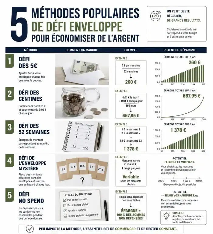 Infographie illustrant les 5 méthodes du défi enveloppe pour économiser de l'argent
