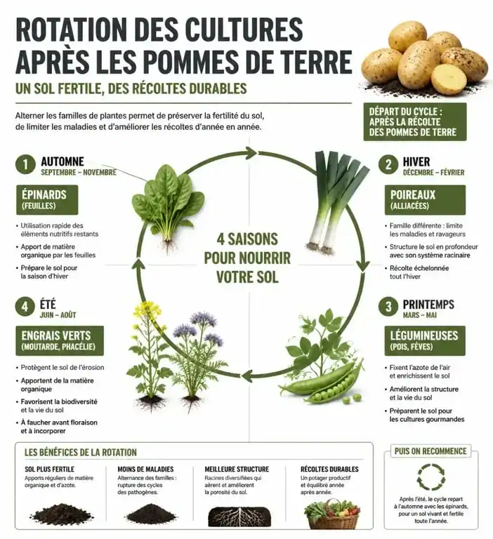 Infographie sur la rotation des cultures après la récolte des pommes de terre au potager