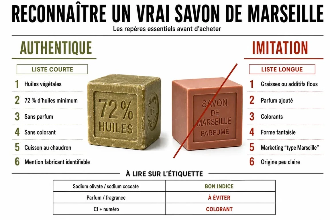 Savon de Marseille bienfaits et critères d’authenticité dans un visuel comparatif