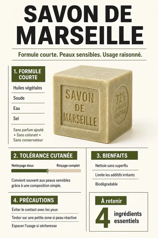 Savon de Marseille bienfaits pour la peau dans un visuel éditorial clair