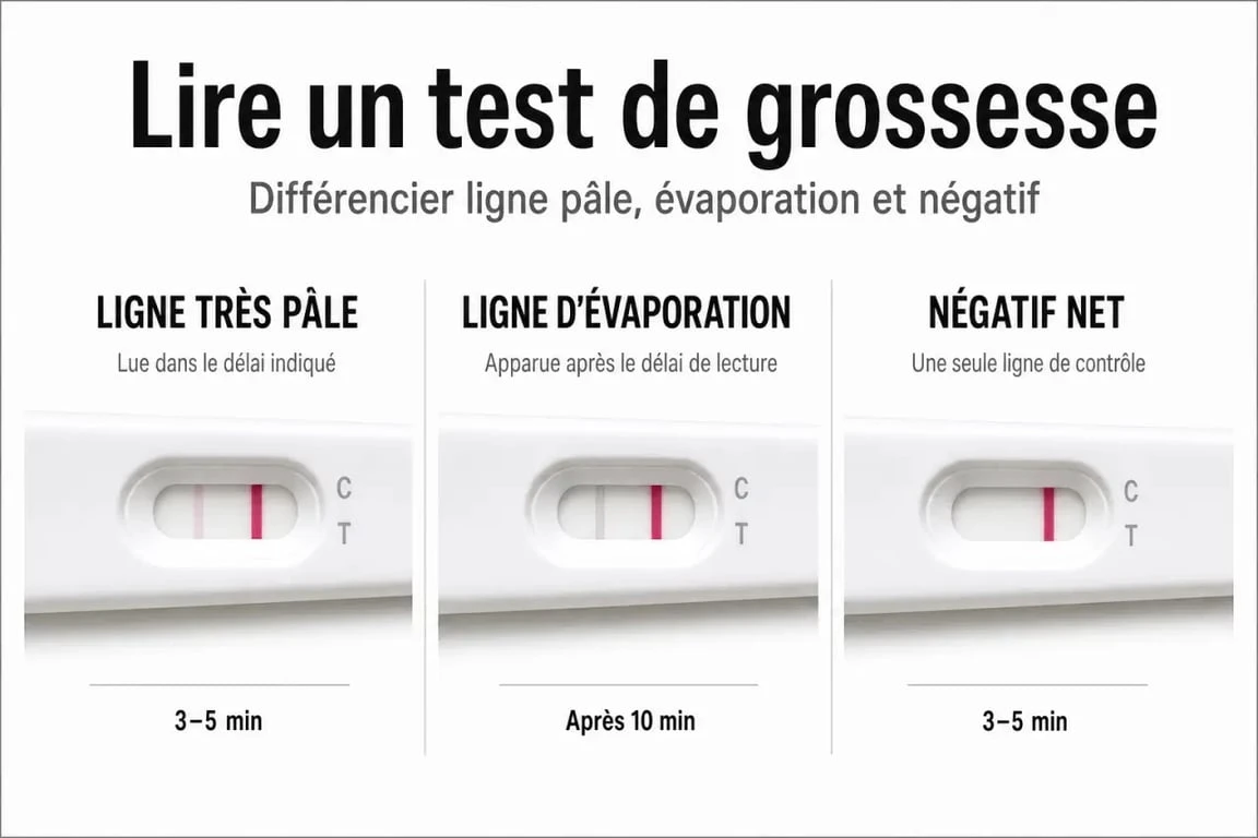 Teste de grossesse positif faible : comparaison visuelle entre ligne pâle, ligne d’évaporation et résultat négatif