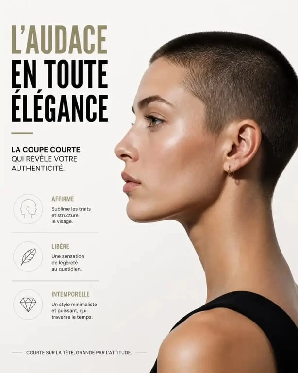 Femme avec une coupe rasée buzzcut élégante et moderne.