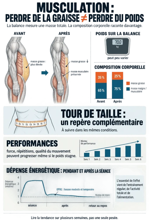 Infographie maigrir par la musculation : masse grasse, muscles et effet EPOC