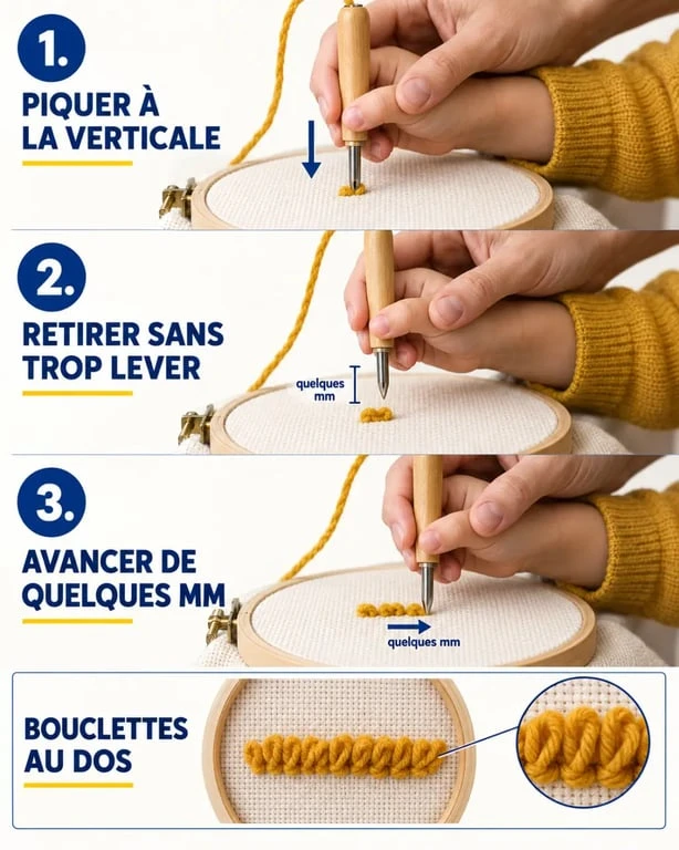 Étapes du geste de punch needle enfant avec accompagnement d’un adulte