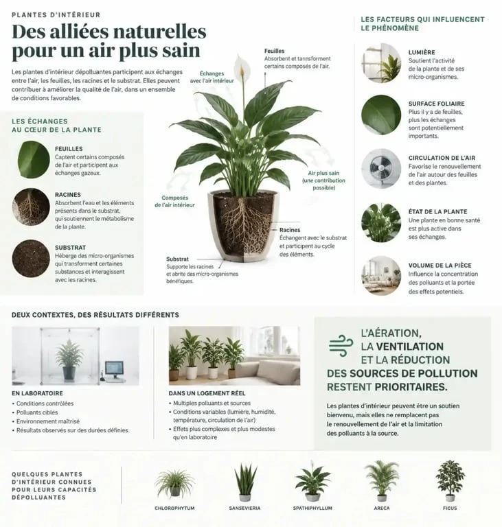 Infographie sur les plantes d’intérieur dépolluantes et les conditions qui influencent leur efficacité