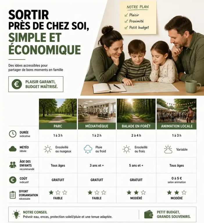 Comment organiser des sorties familiales mémorables avec un petit budget : comparaison visuelle des sorties selon le coût, la météo et l’âge des enfants