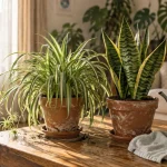Plantes d'interieur depolluante en pot, feuillage vert et lumière naturelle